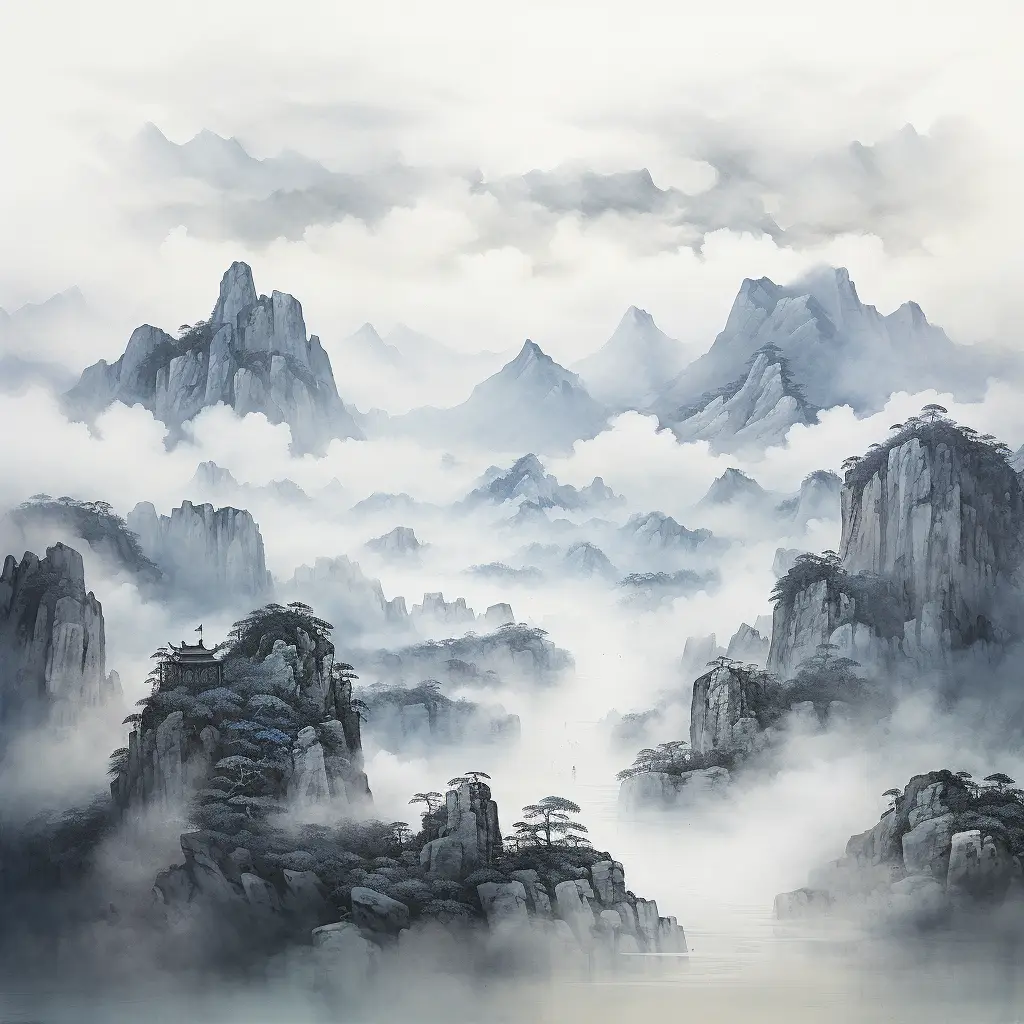 mountain Chinese landscape river ink wash black and white painting