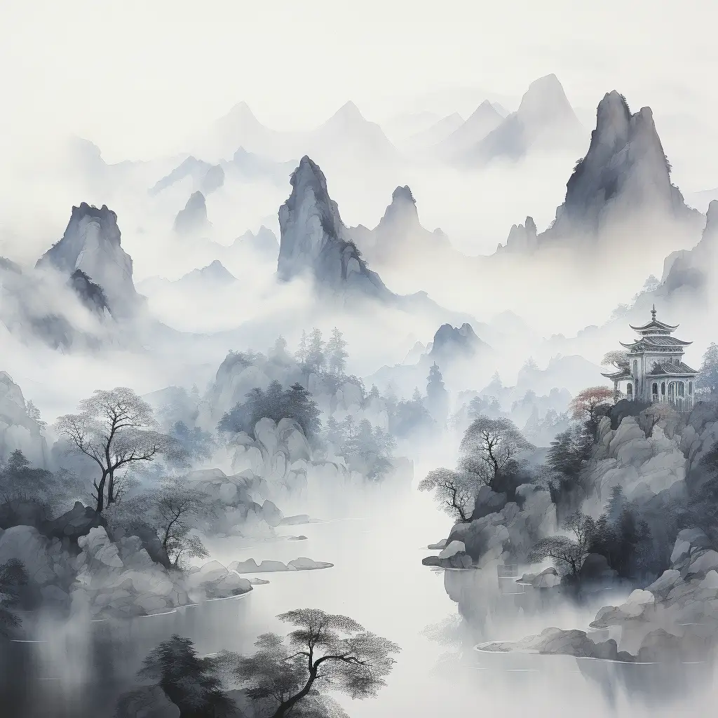 mountain river Chinese landscape ink wash black and white painting