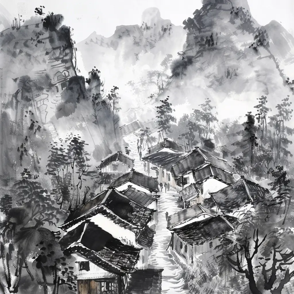 mountain village ancient Chinese black and white ink wash painting