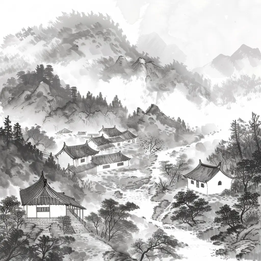 mountain village ancient Chinese black and white ink water wash painting