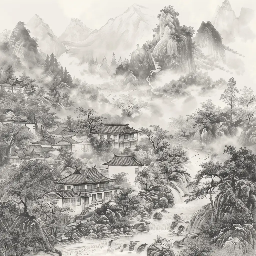 mountain village ancient black and white Chinese ink wash painting