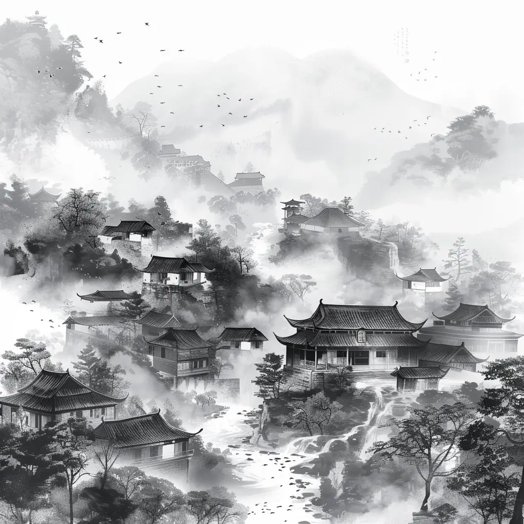 mountain village ancient black and white Chinese ink water wash painting
