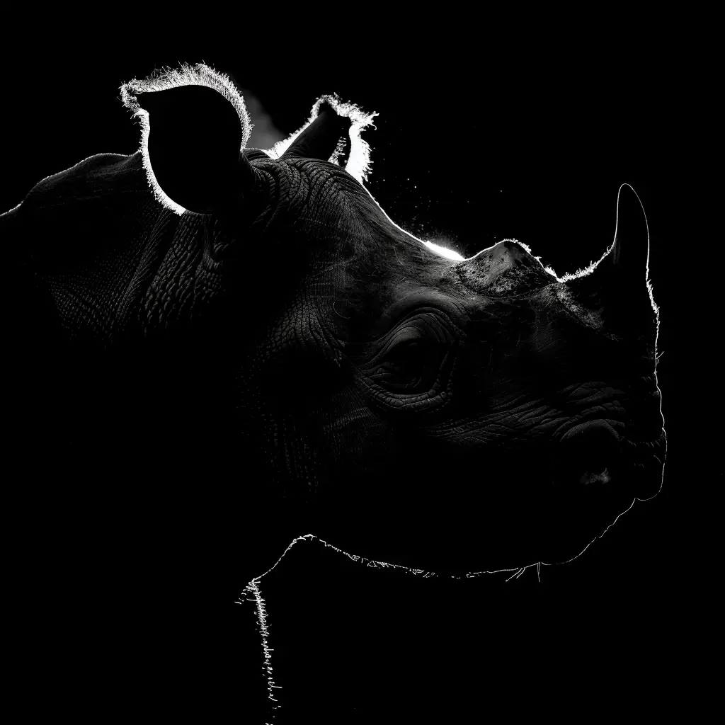rhinoceros black white light head face silhouette mysterious photography
