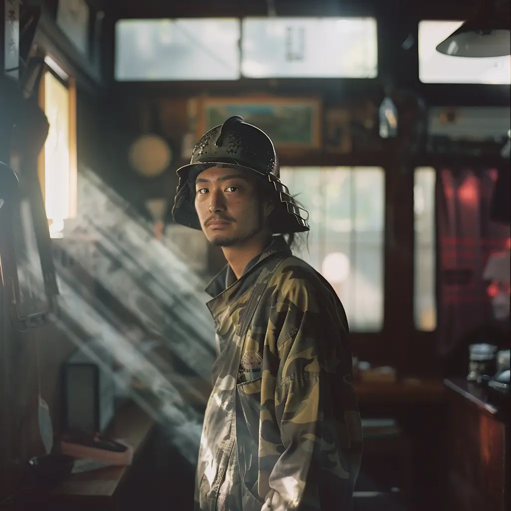 samurai Japanese warrior man helmet light sunshine room photography portrait