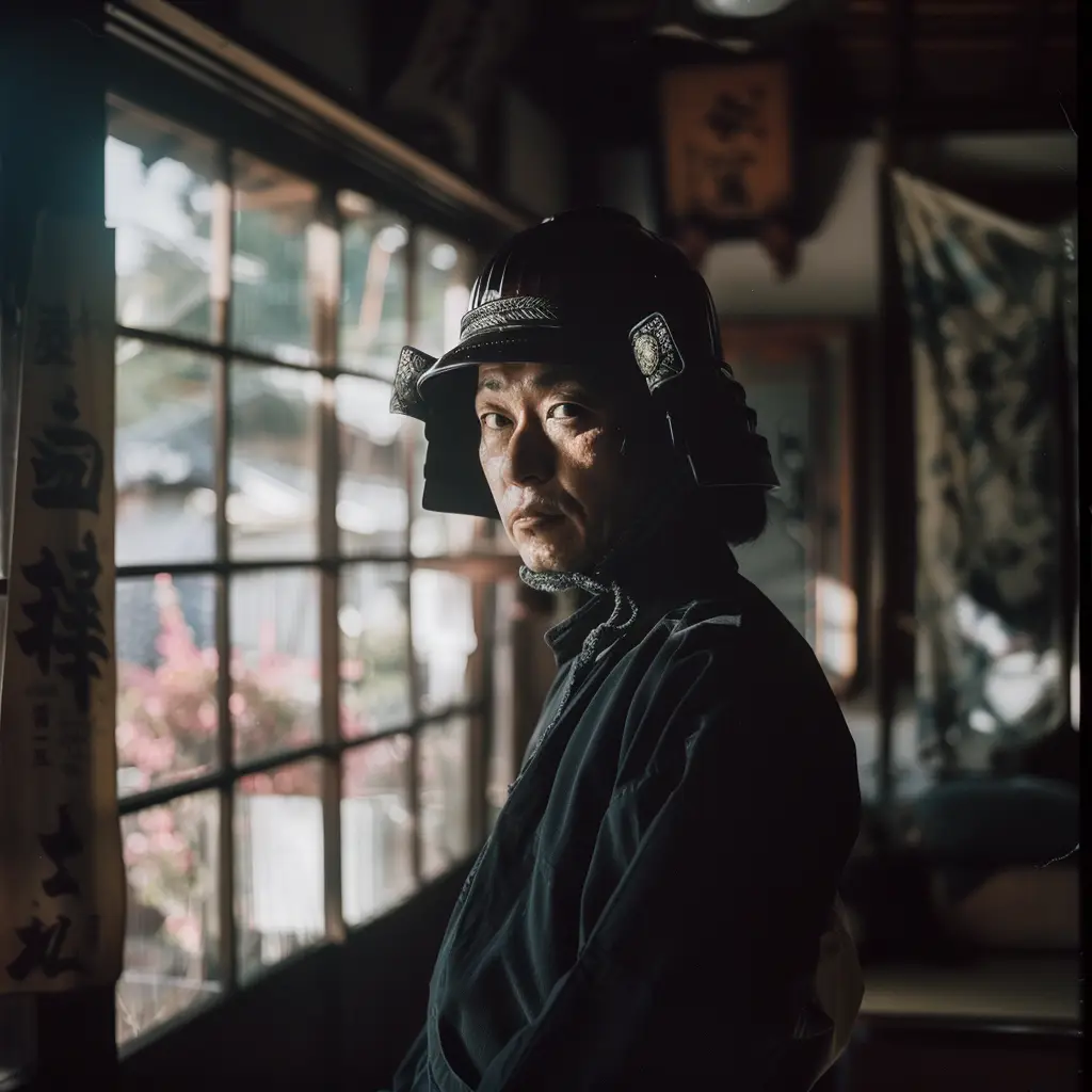 samurai Japanese warrior man helmet light sunshine room portrait photography