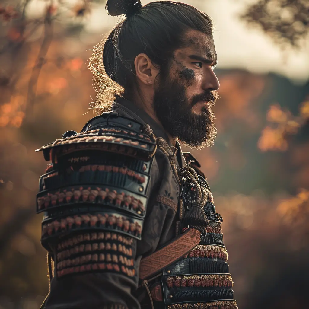 samurai handsome traditional Japanese armor beard photography