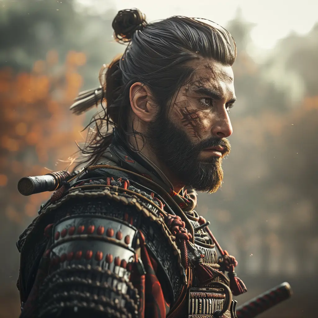 samurai handsome traditional Japanese beard armor photography