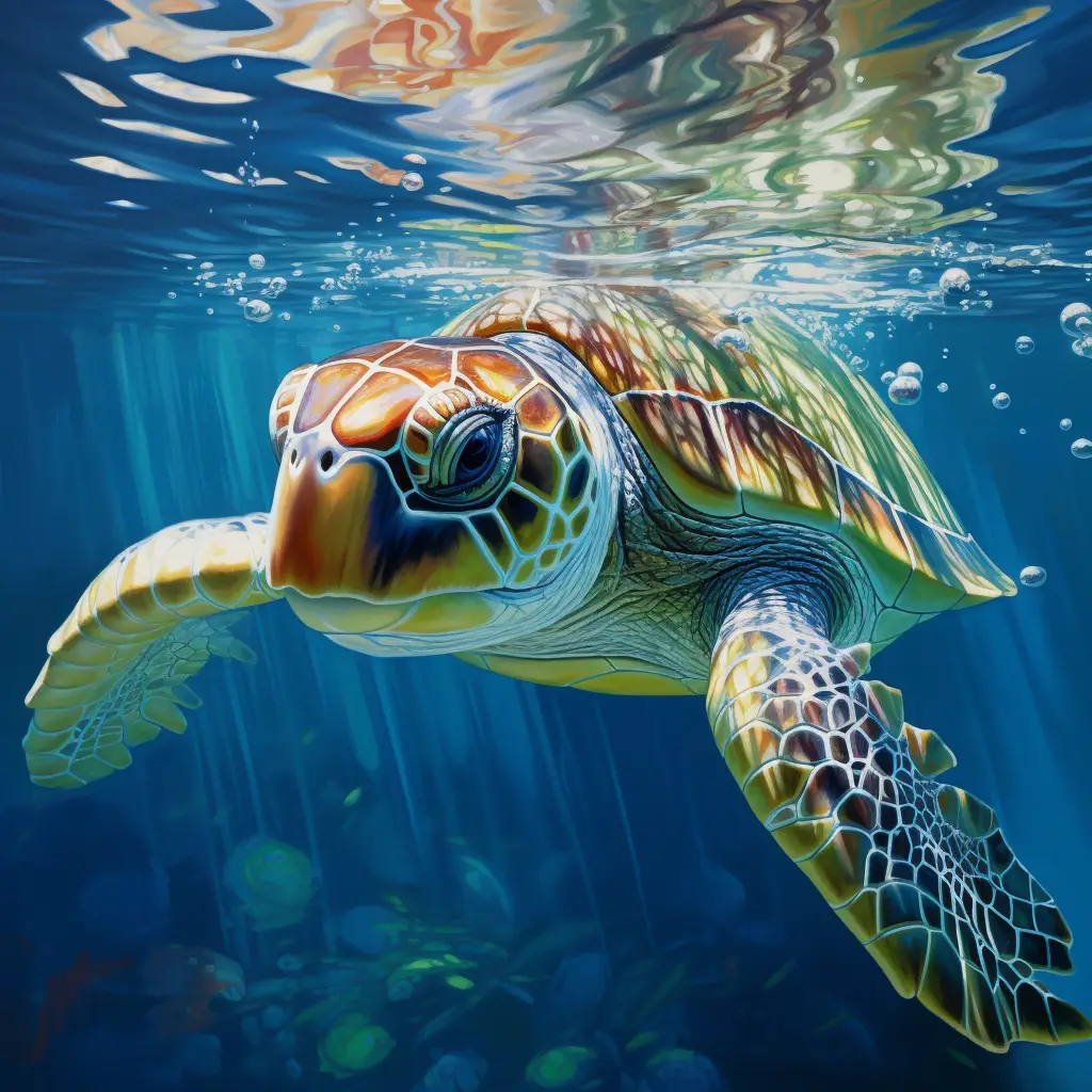 sea turtle swim sea swimming underwater water oil painting