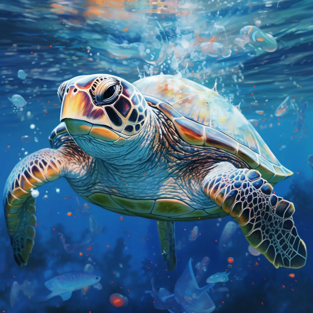 sea turtle swim sea swimming water underwater oil painting