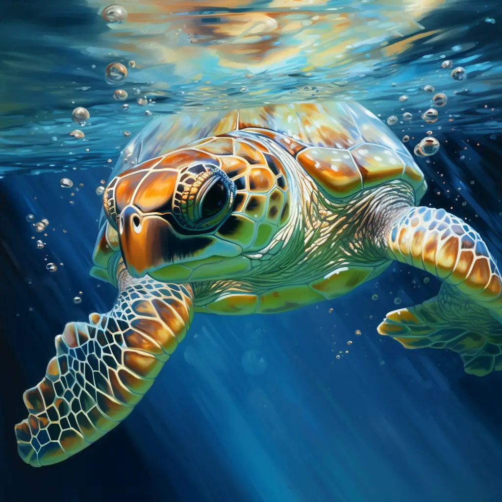 sea turtle swim swimming underwater water oil painting