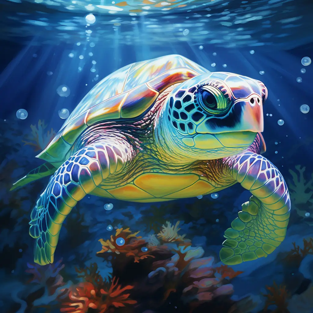 sea turtle swim swimming water underwater oil painting