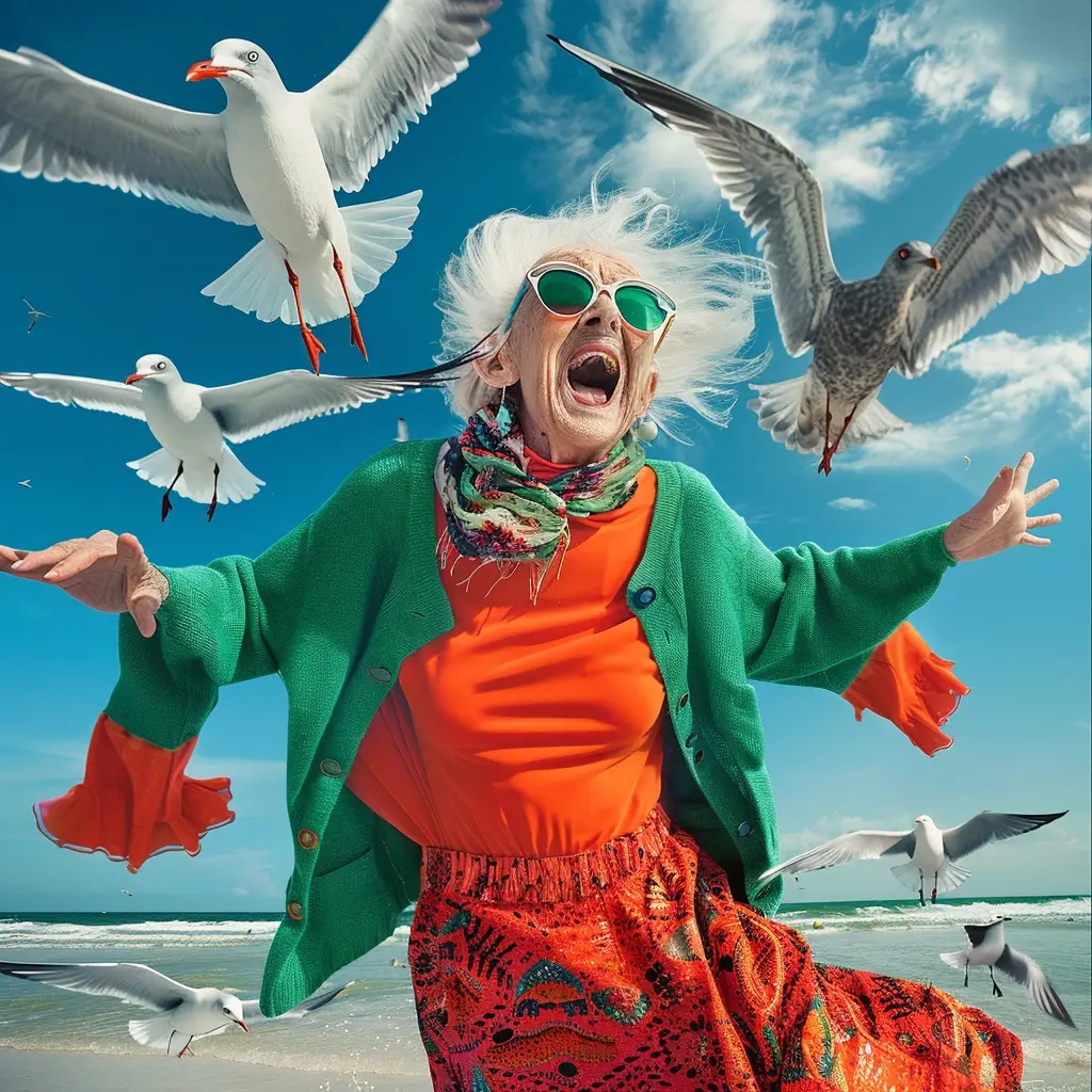 seagull old lady woman grandma grandmother beach happy crazy sunglasses