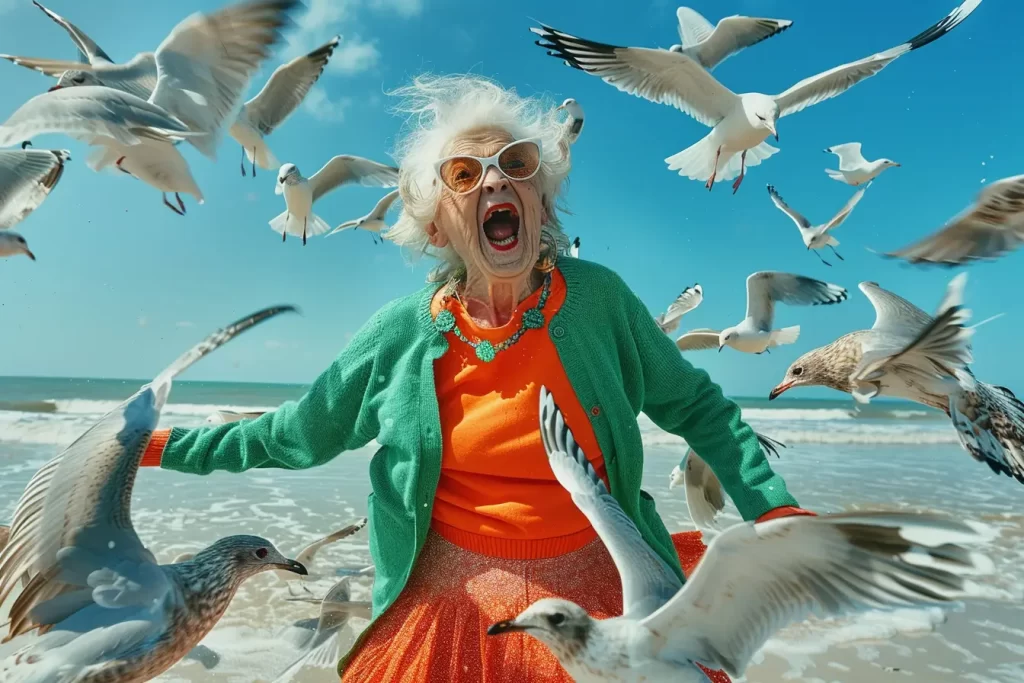 seagull old lady woman grandmother grandma beach crazy happy sunglasses