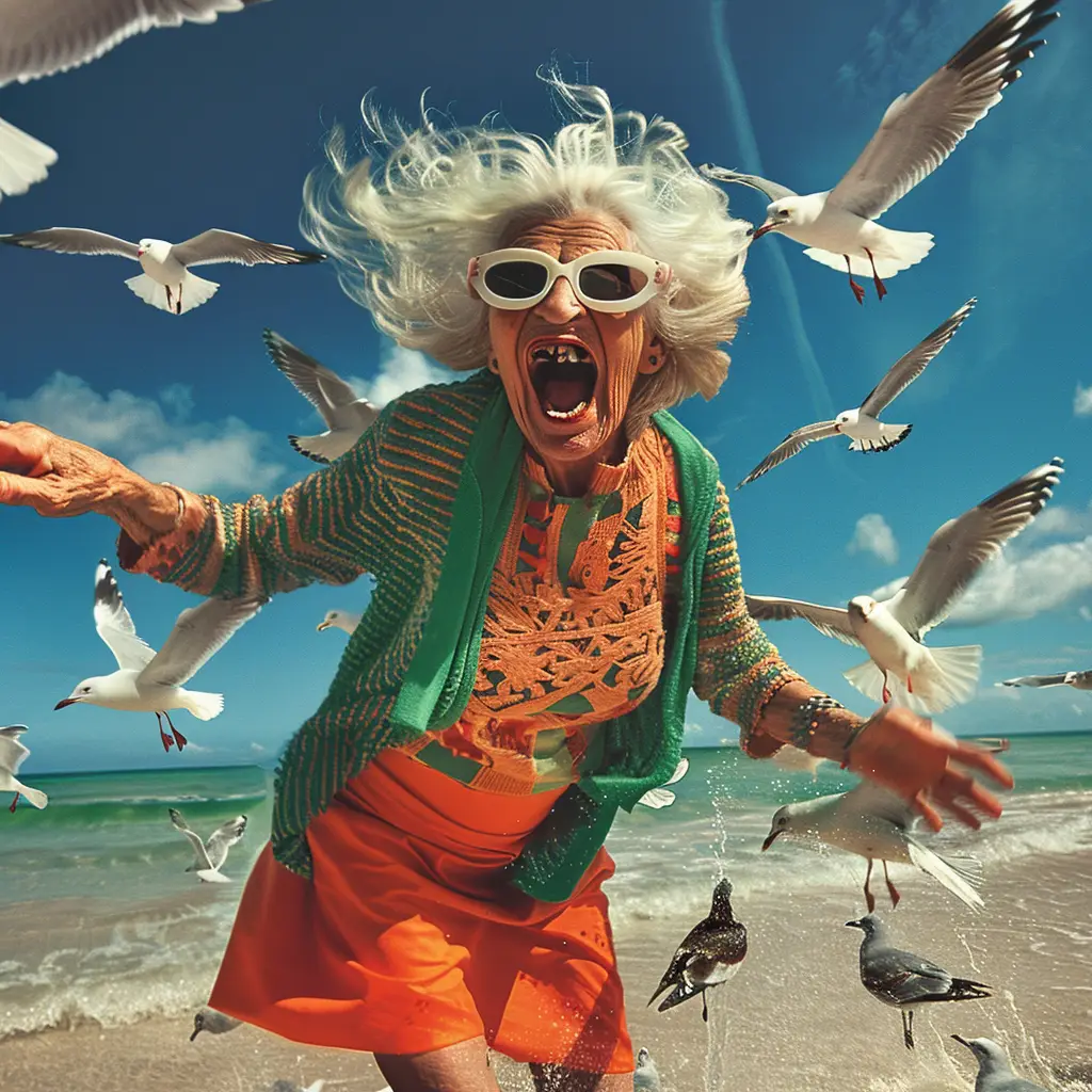 seagull old lady woman grandmother grandma beach happy crazy sunglasses