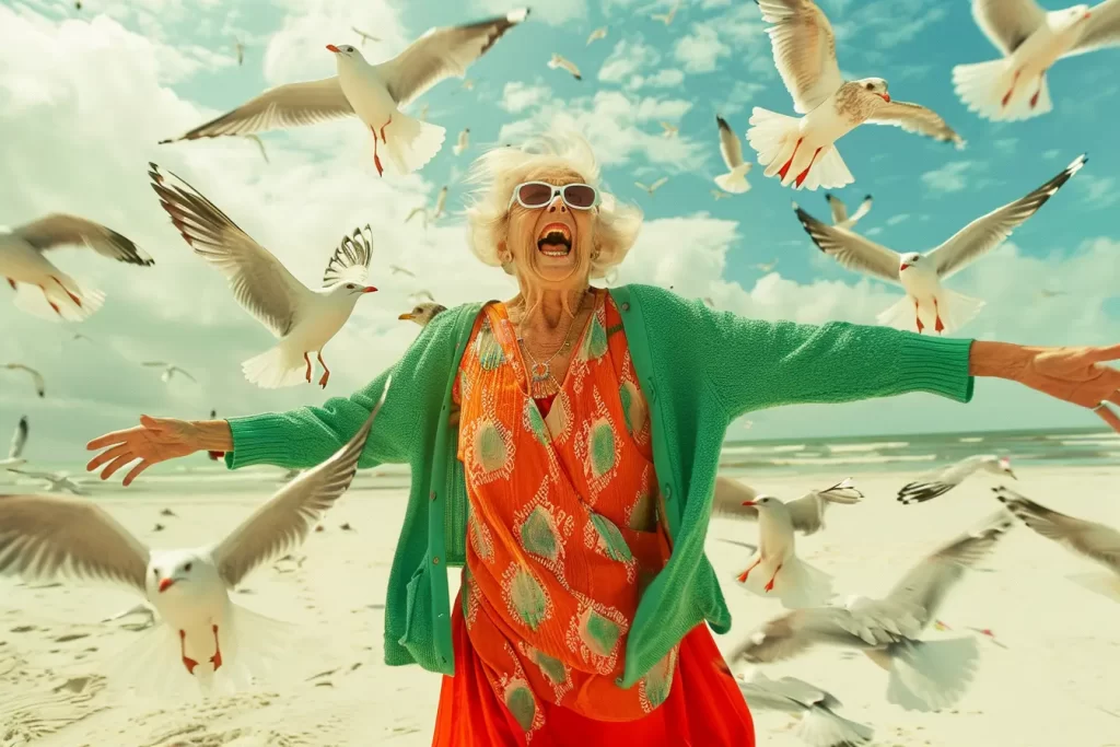 seagull old lady woman grandmother grandma beach sunglasses crazy happy
