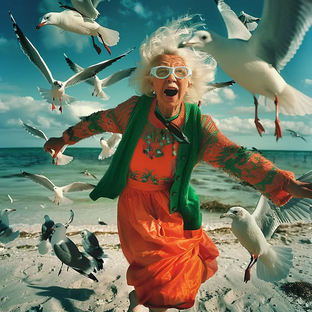 seagull old woman lady grandma grandmother beach happy crazy sunglasses