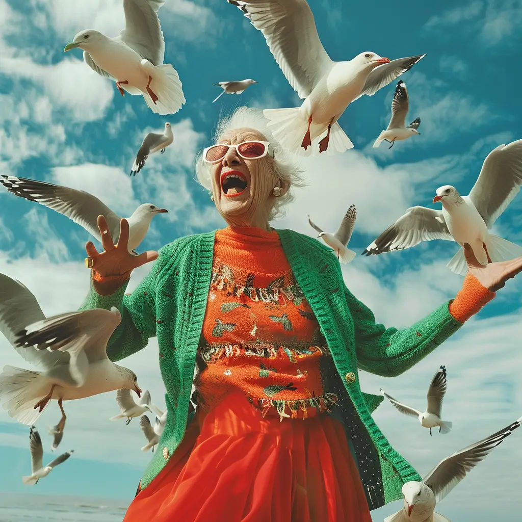 seagull old woman lady grandmother grandma beach happy crazy sunglasses
