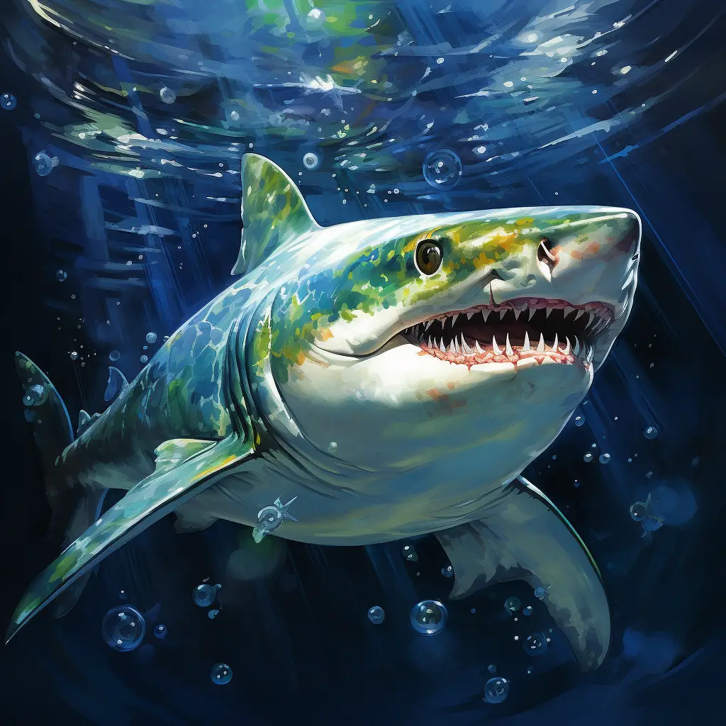 shark swim swimming underwater sea water oil painting