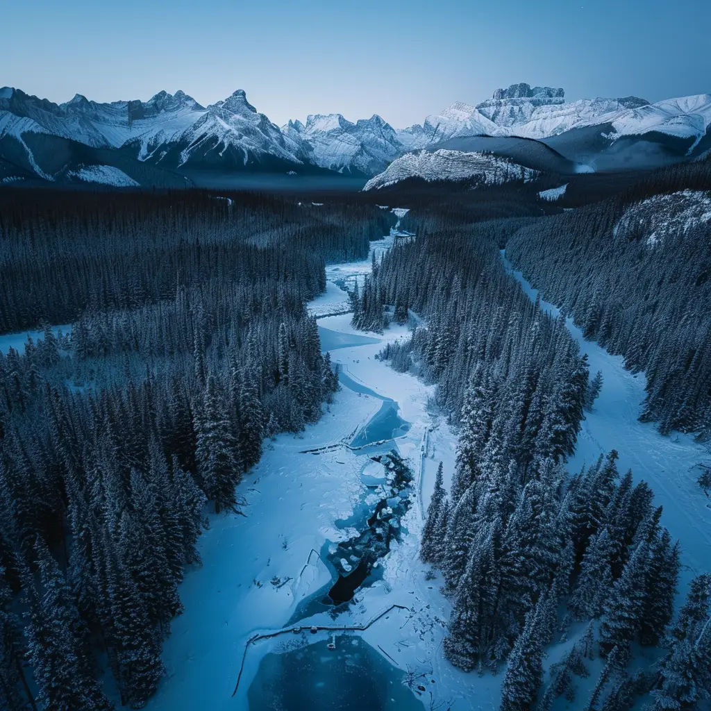 Snowy Mountain Pine Trees Frozen River Winter Landscape