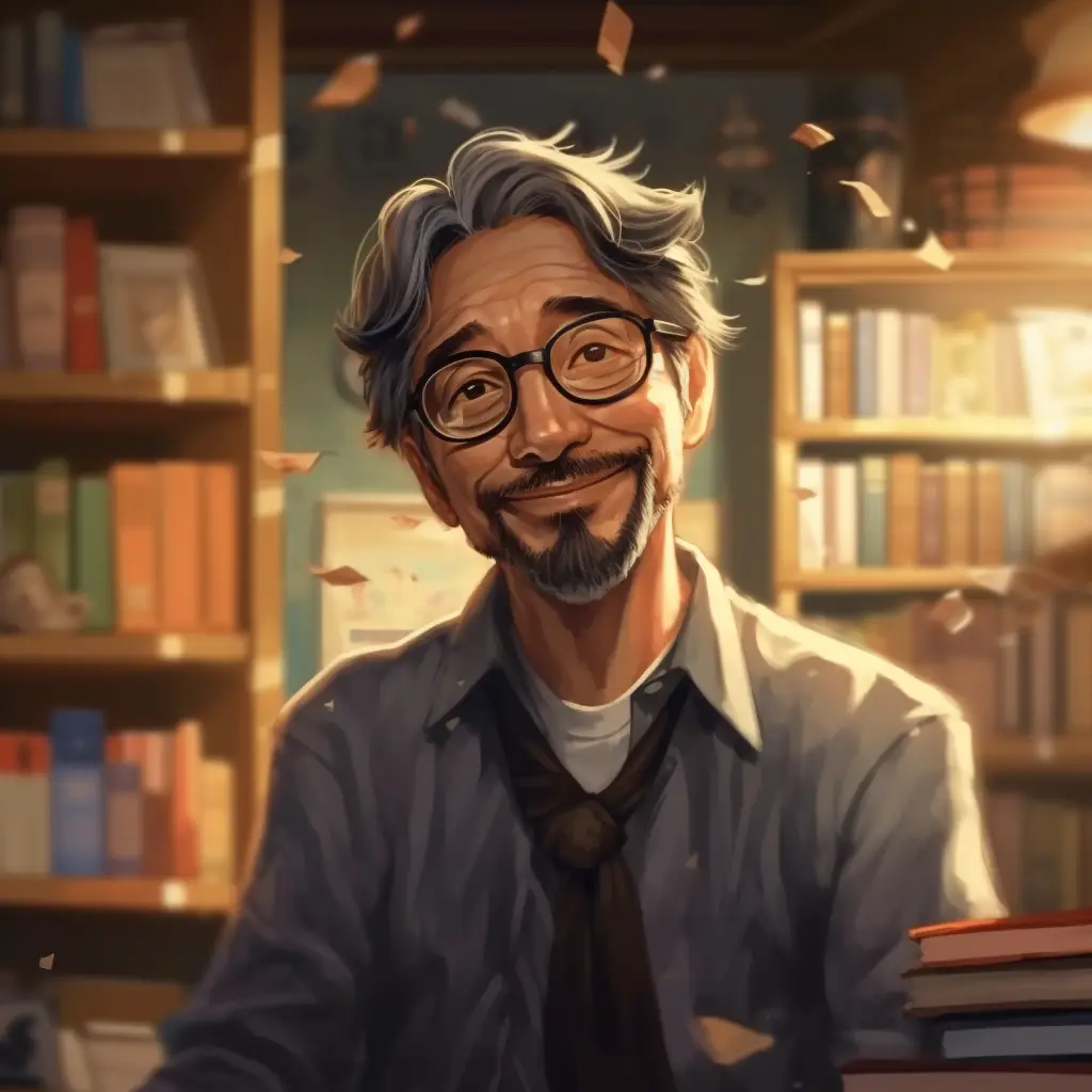 teacher wrinkly man library illustration cartoon painting portrait face