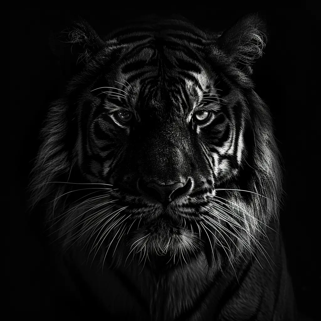 tiger black and white rimming light face head silhouette photography