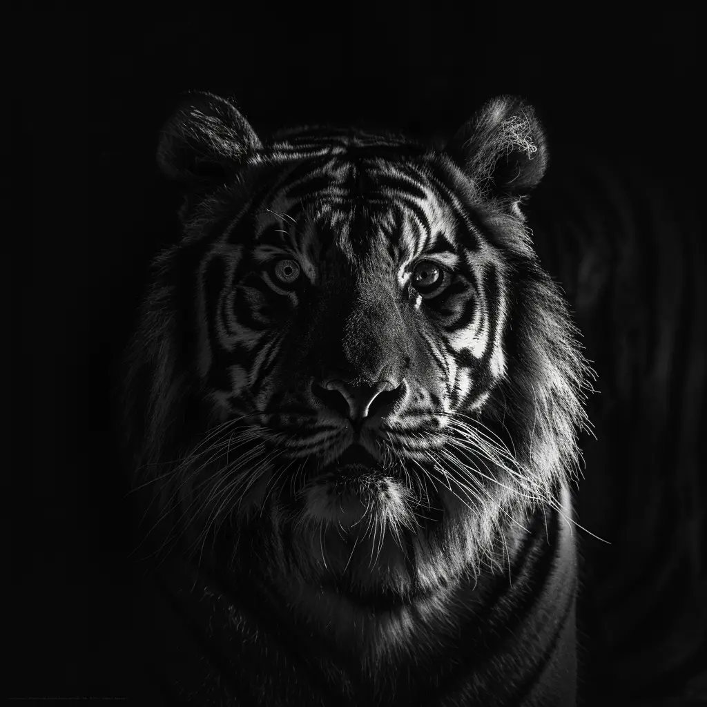 tiger rimming light black and white face head silhouette photography