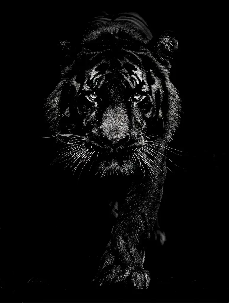 tiger rimming light black and white head face silhouette photography