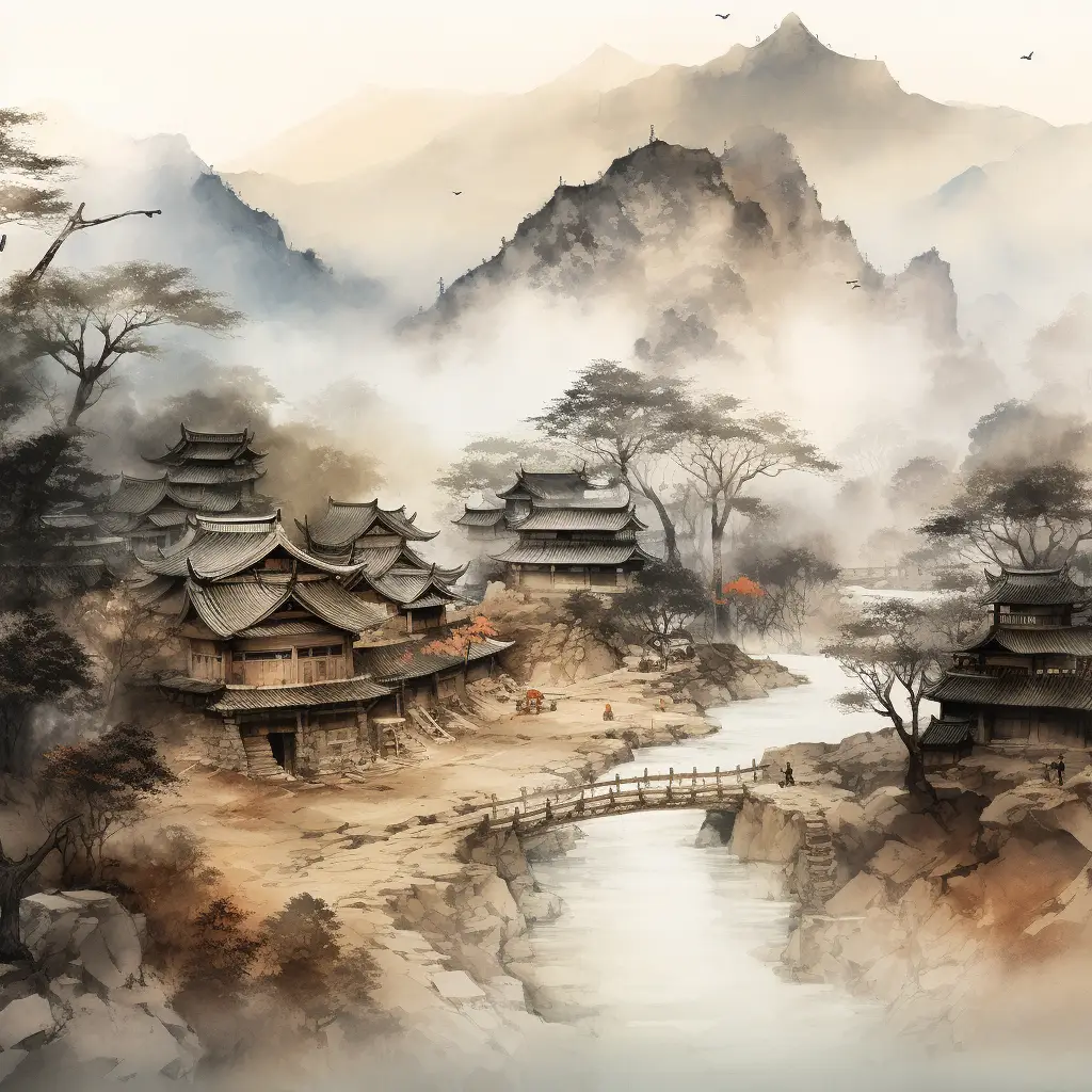 village mountain Chinese ancient ink wash painting