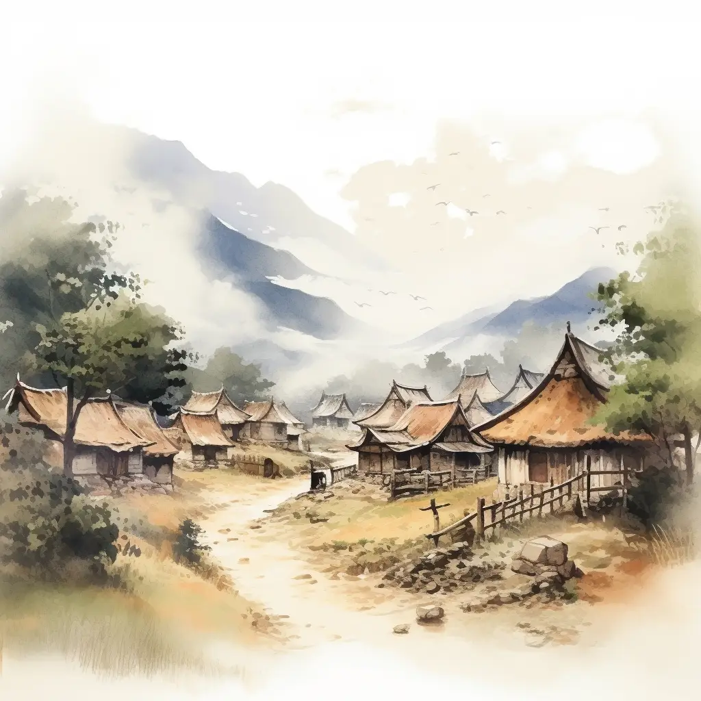 village mountain Chinese ancient ink water wash painting