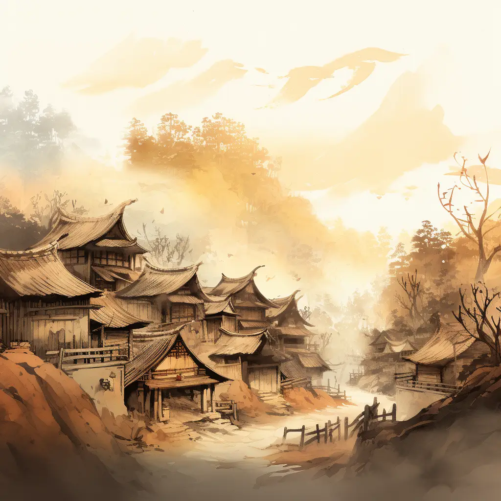 village mountain ancient Chinese ink wash painting