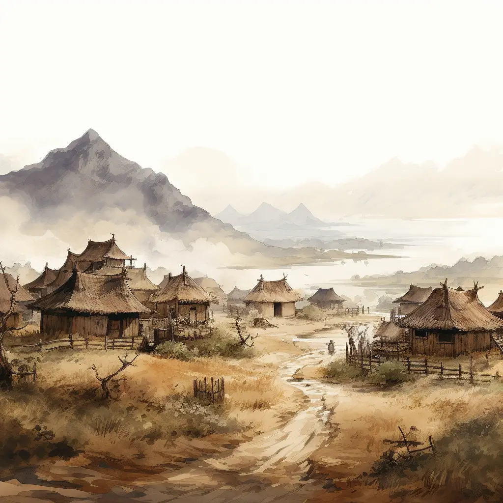 village mountain ancient Chinese ink water wash painting