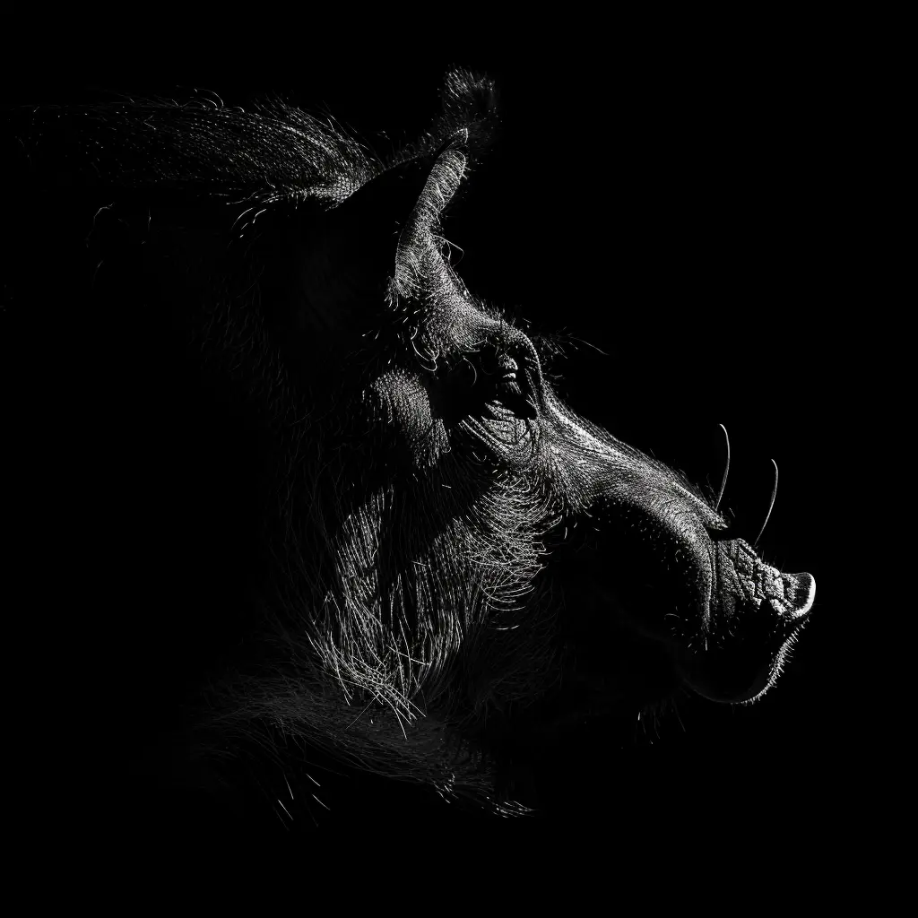 warthog black white light head face silhouette mysterious photography
