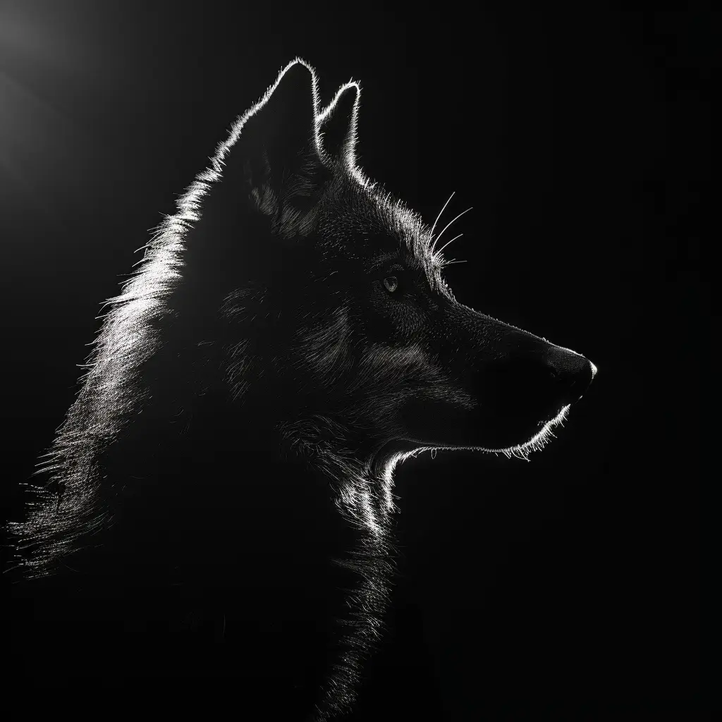 wolf black white light face head mysterious silhouette photography