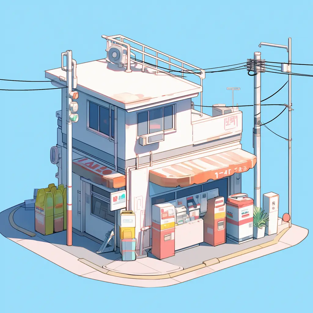 7-11 convenience store supermarket facade isometric cartoon illustration