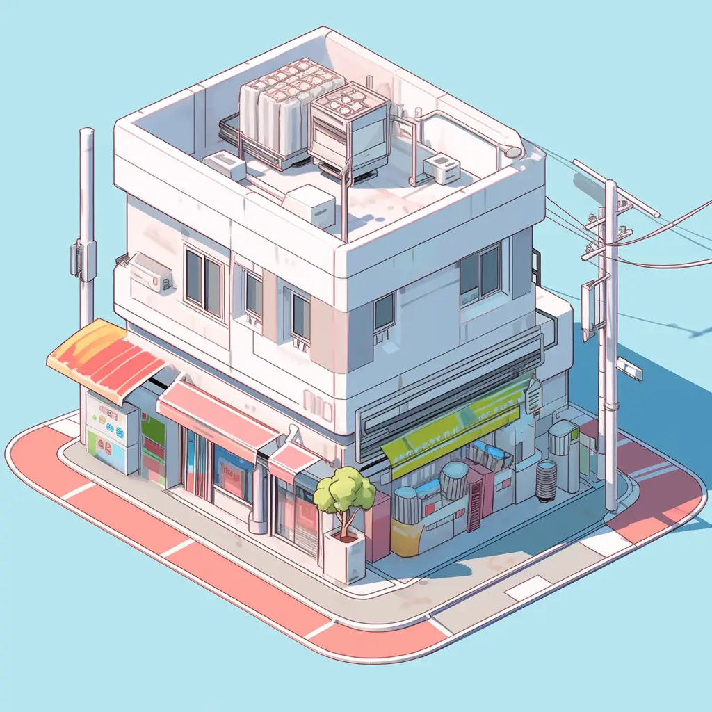 7-11 convenience store supermarket facade isometric illustration cartoon