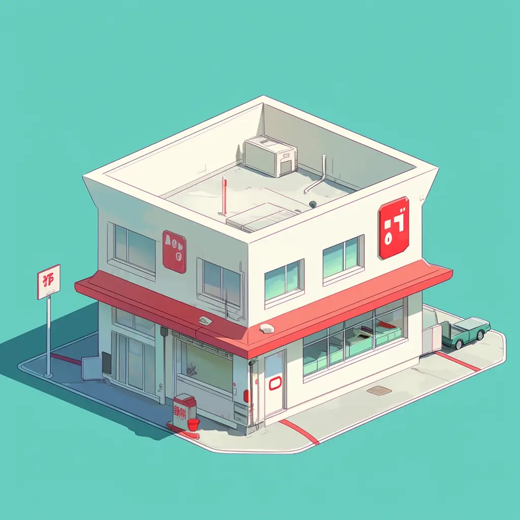 7-11 convenience store supermarket isometric facade cartoon illustration