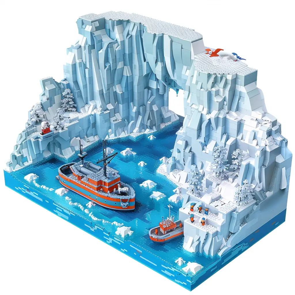 Antarctic glacier ice assembled 3D lego scene model