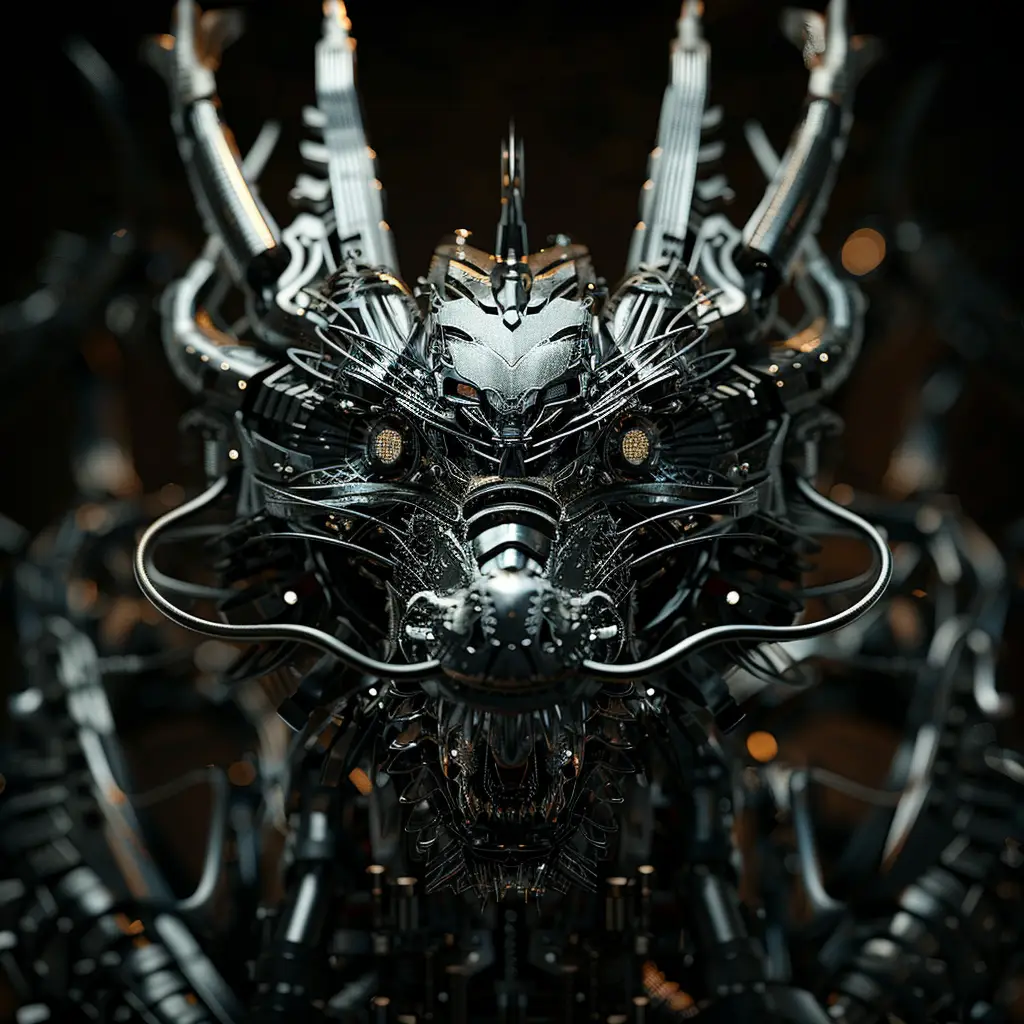 Chinese dragon mechanical head 3D mecha robotic science fiction AI