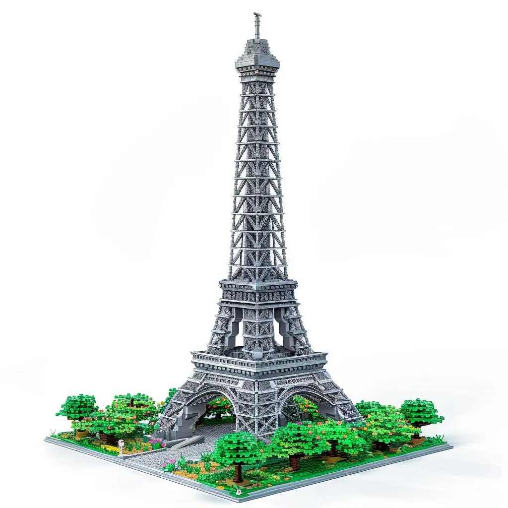 Paris Eiffel Tower assembled 3D lego model scene