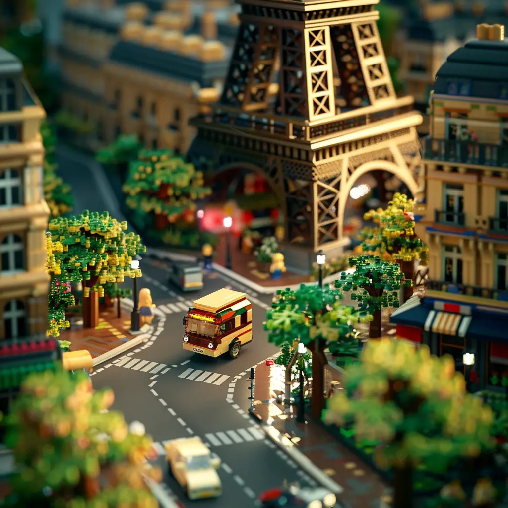 Paris street Eiffel Tower assembled 3D lego model scene