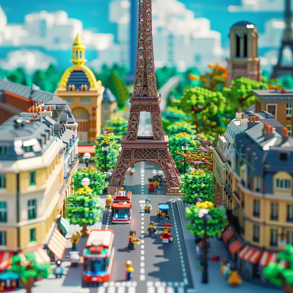 Paris street Eiffel Tower assembled 3D lego scene model