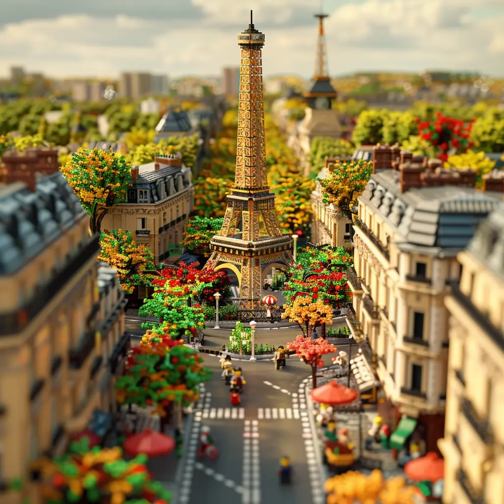 Paris street Eiffel Tower assembled lego 3D model scene