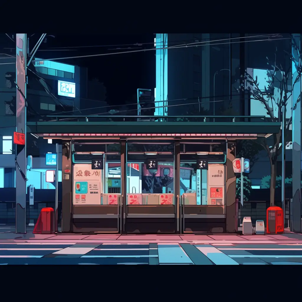 bus station facade night cartoon illustration