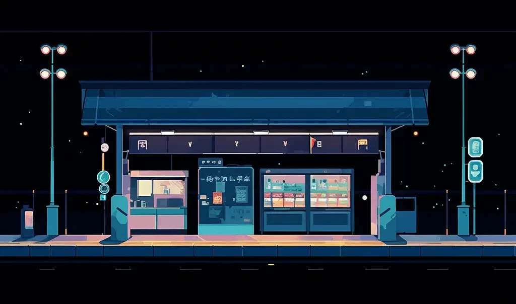 bus station night facade cartoon illustration