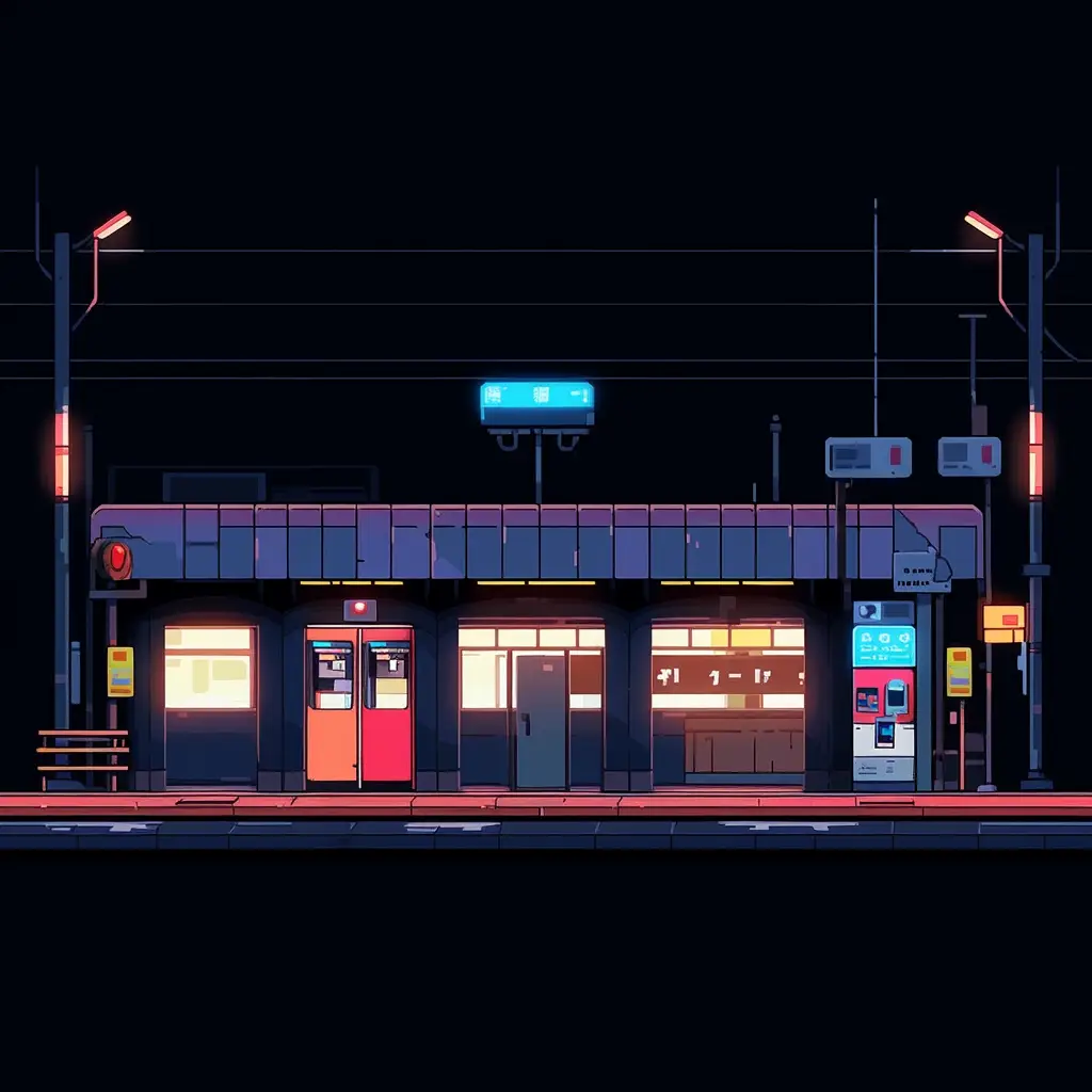 bus station stop facade night cartoon illustration