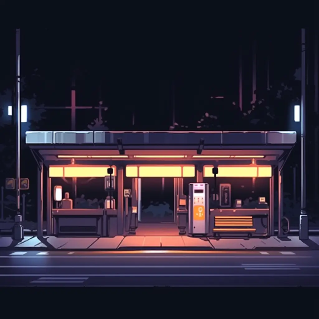bus stop station night facade cartoon illustration