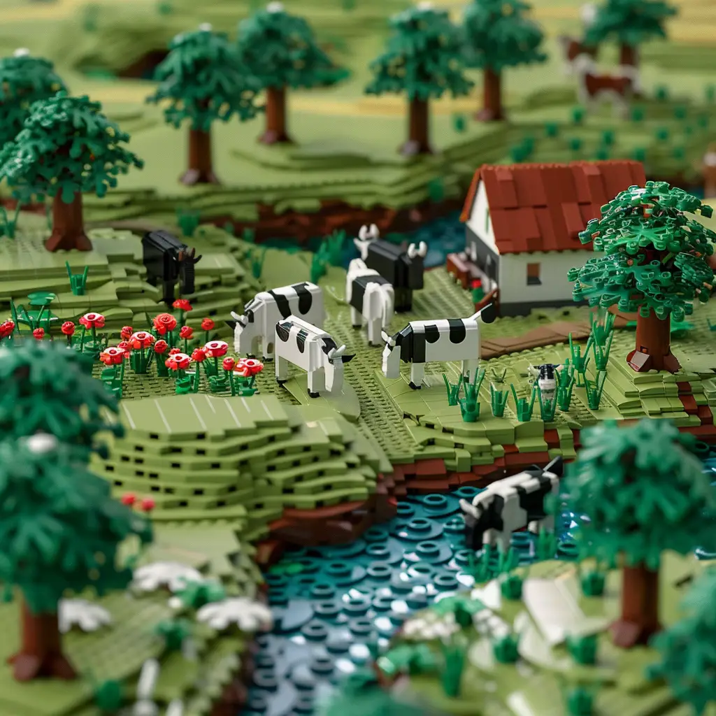 cow pasture grassland assembled 3D model lego scene