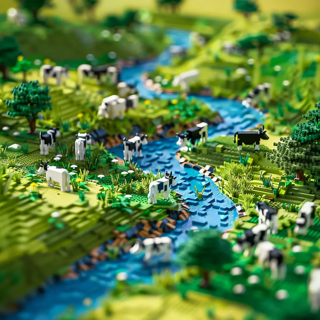 cow pasture grassland assembled model 3D lego scene