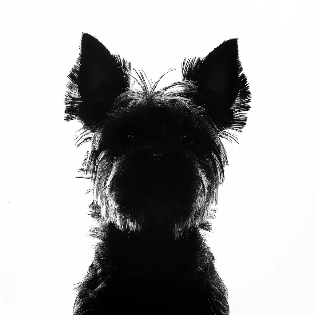dog Yorkshire Terrier black white photography face head front silhouette