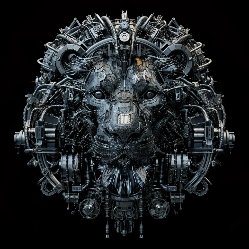 lion mechanical head 3D mecha robotic science fiction AI
